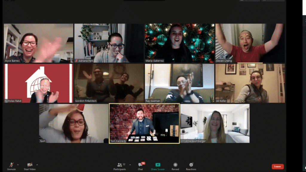 Zoom shows a group of people in a video call.