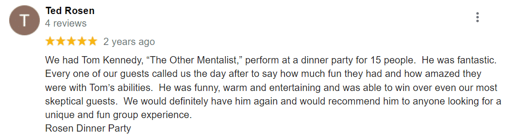 A review of a restaurant with a picture of a customer and a corporate mentalist.