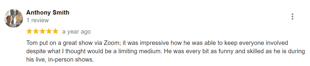 A screenshot of a customer review on a website for a corporate event magician.