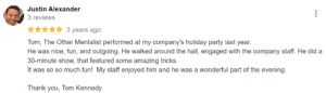 A screenshot of a customer review on a corporate event magician's website.