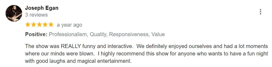 A screenshot of a customer review on a website about a corporate mentalist.