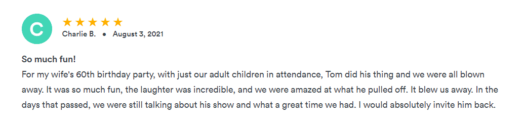 A screenshot of a customer review on a website for a corporate event magician.