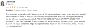 A screenshot of a corporate event magician review on a website.
