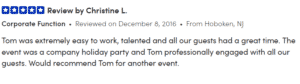 A customer review for a corporate event magician in California.