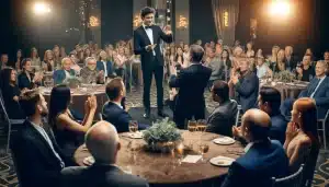 A mentalist in a suit speaks from a podium to an attentive audience seated at round tables in an elegant banquet hall.