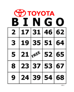 Toyota Bingo card for corporate entertainment with numbers. Column headings B, I, N, G, O. Numbers 2-9 in B, 17-24 in I, 31-39 in N (free space in N25), 46-54 in G, 62-68 in O.